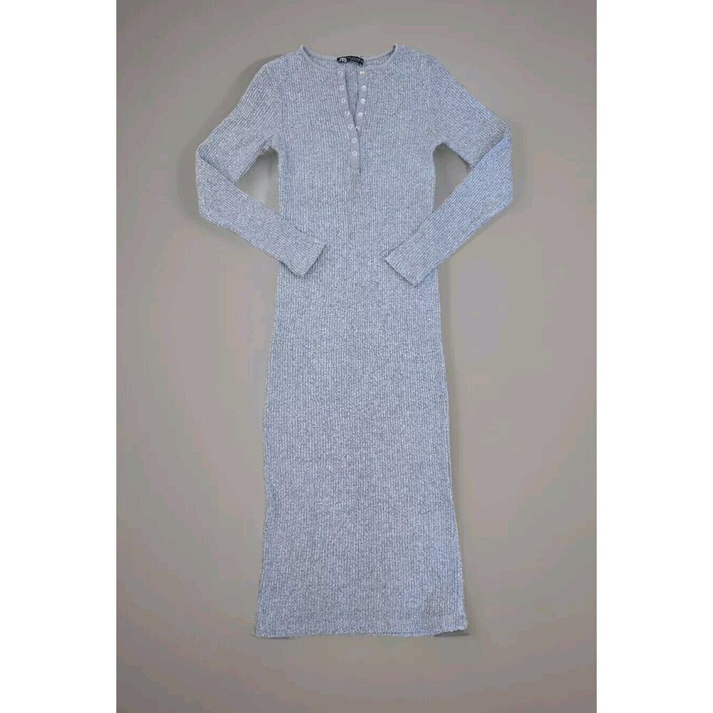 Zara Midi Dress Womens Small Ribbed Neutral Stretch Henley Bodycon Grey